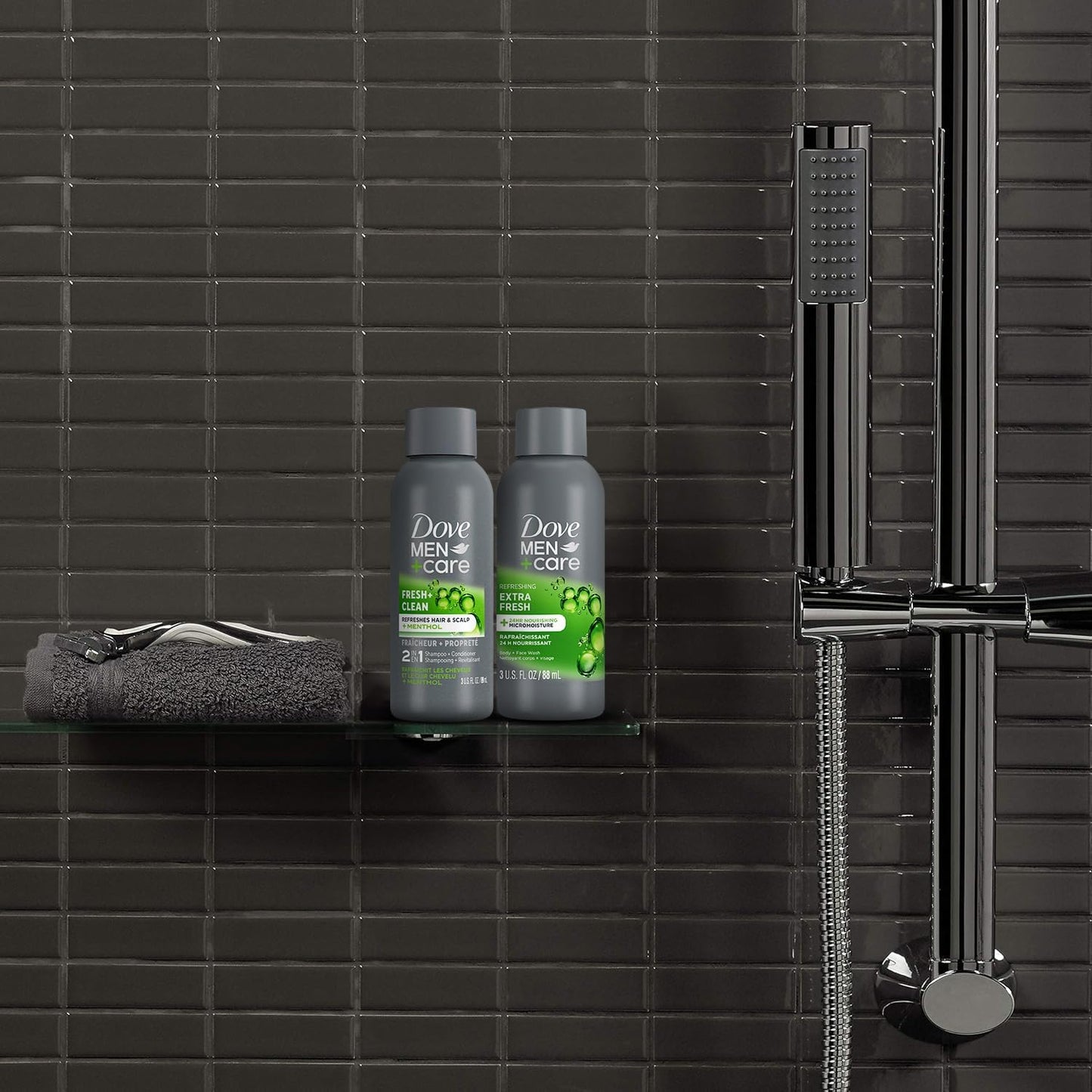 Dove Men+Care Travel Essentials Bundle – Extra Fresh Body & Face Wash & Fresh + Clean 2-in-1 Shampoo, 3 Oz Ea