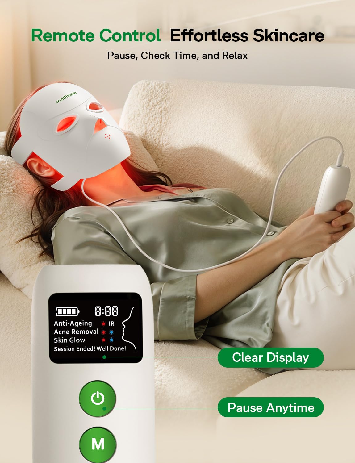 Medisana 3D Red Light Therapy Mask for Face, 336 LEDs Light Therapy Mask with 3 Modes - NIR 830nm, Red 630nm, Blue 415nm - Cordless & Rechargeable LED Face Mask for Home, Skincare Gifts (White)