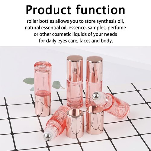 Newzoll 10 Pcs Roll-on Bottles Set, 5 ml (1/6 oz) Refillable Roller Bottles with Funnels & Opener, Glass Roll on Bottles Containers for Perfumes Aromatherapy Essential Oils Liquid, Rose Gold