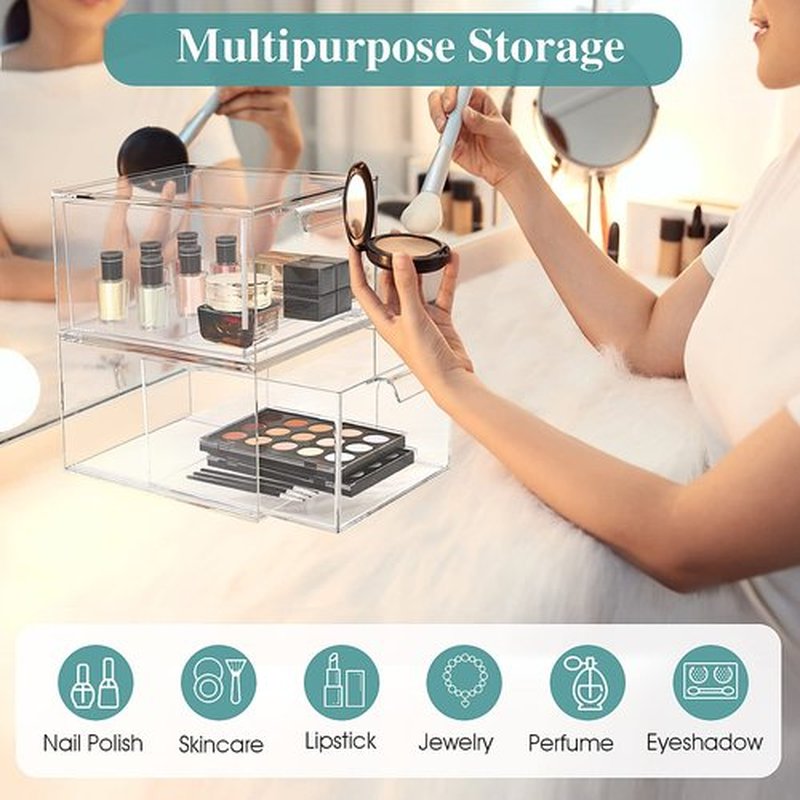 SpaceHacks Stackable Makeup Organizer and Storage, Acrylic Organizers，Clear Plastic Storage Drawer with Handles for Vanity, Undersink, Kitchen Cabinets, Pantry