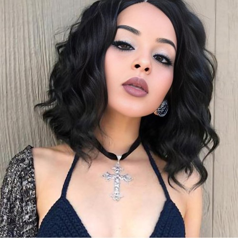 Rose bud Wavy Bob Wig Natural Wig Natural Black Synthetic Hair Shoulder Length Short Curly Middle Part Lace Front Wigs for Women
