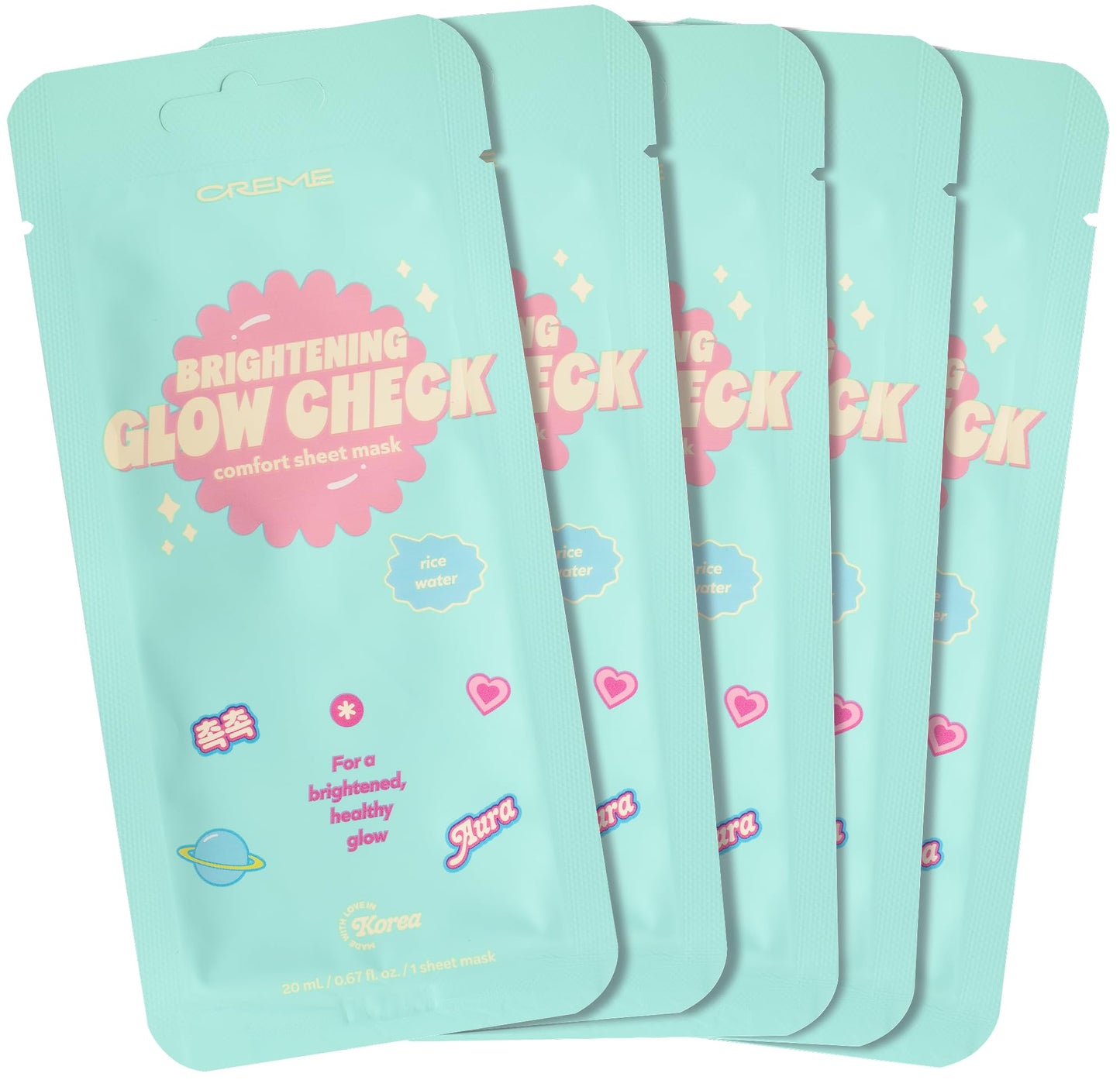 The Creme Shop Glow Check Comfort Sheet Mask 5 Pack, Facial Sheet Mask, Korean Skin Care, Korean Glass Skin, Hydrating, Brightening, Rice Water- Brightening Glow