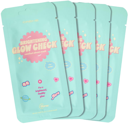 The Creme Shop Glow Check Comfort Sheet Mask 5 Pack, Facial Sheet Mask, Korean Skin Care, Korean Glass Skin, Hydrating, Brightening, Rice Water- Brightening Glow