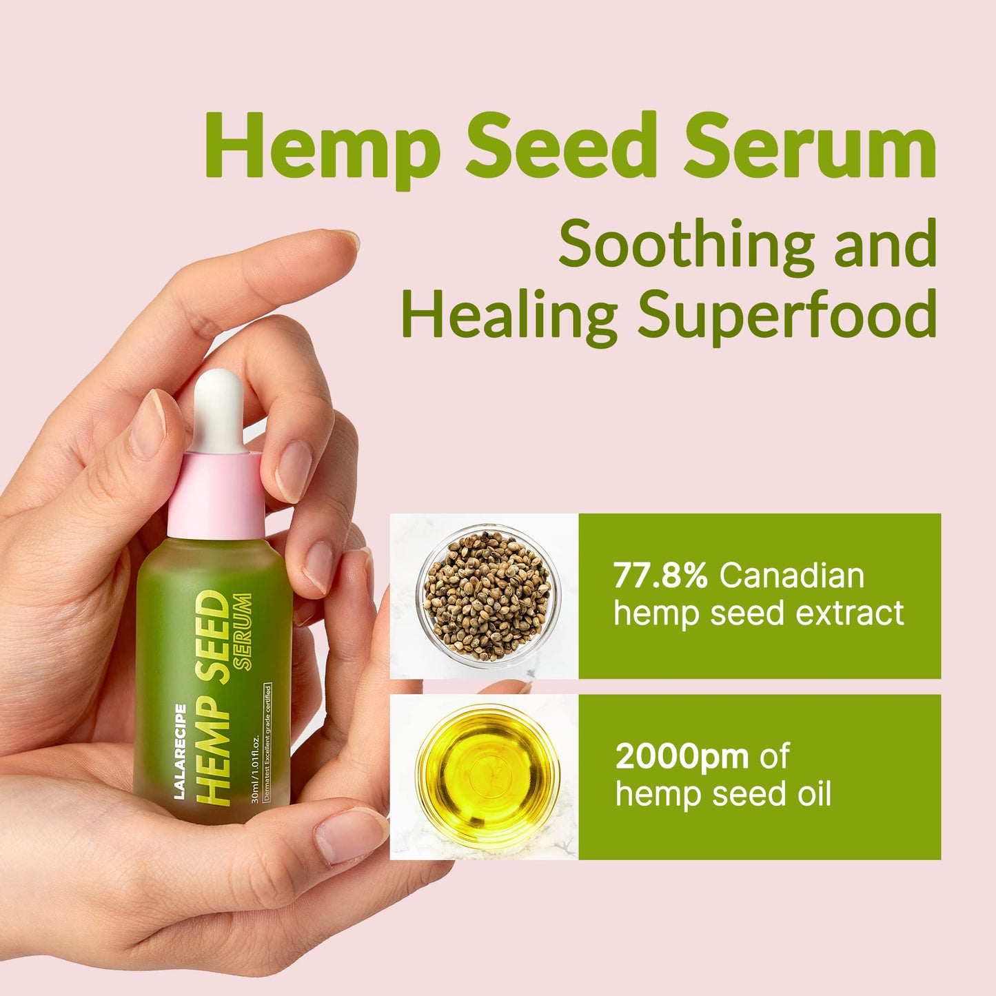 LALARECIPE Hemp Seed Facial Serum – Calming & Hydrating Korean Serum with 77.8% Hemp Seed Extract, Cica & 4 Patented Complexes – Soothing Vegan Skincare for Sensitive Skin (1.01 fl oz)