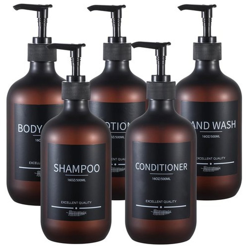 Refillable Matte Amber Plastic Shampoo and Conditioner Bottles (5 Pack, 16.9oz), with Pumps and Labels