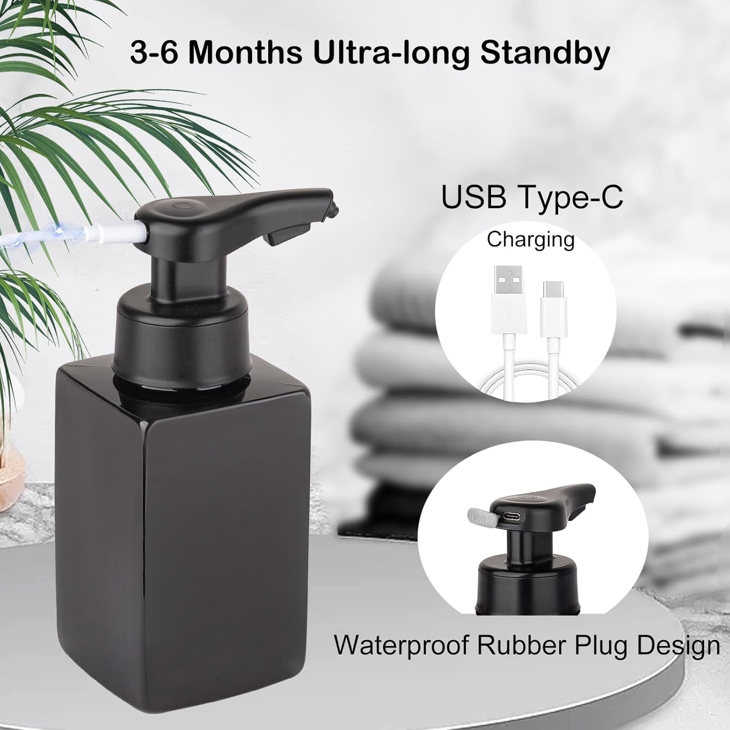 Automatic Foaming Soap Dispenser - Touchless Rechargeable Foam Pump for Kitchen & Bathroom | Black
