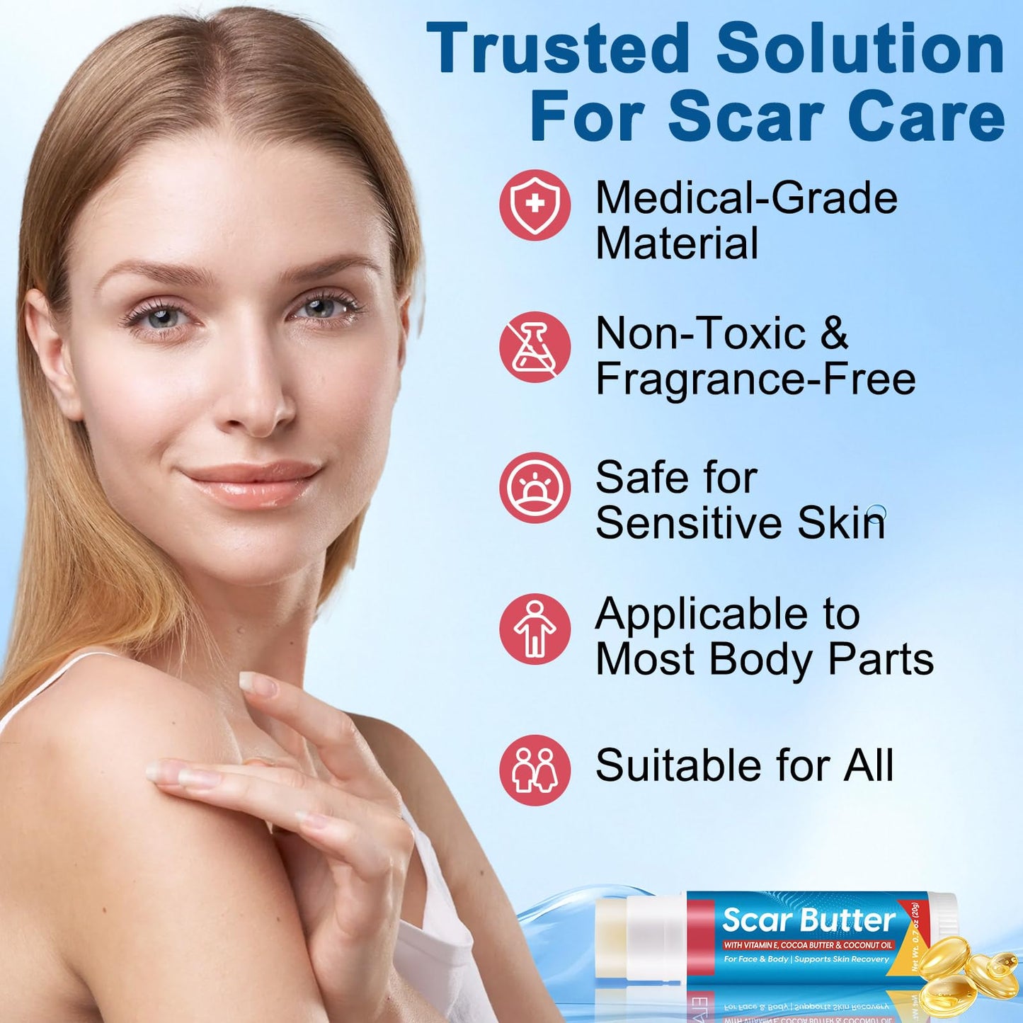 Scar Butter Stick for Scars, Cocoa Butter Stick with Vitamin E, Scars Repair Cream with 5 in 1 Smoothing Formula to Improves Texture & Discoloration, Non-Greasy