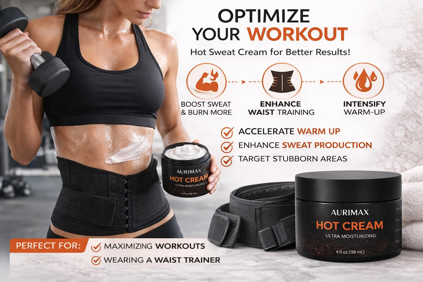 AuriMax Sweat & Burn Hot Cream – Thermogenic Sweat Enhancer for Workouts – Firming Body Cream for Belly, Waist & Stomach – Ultra Moisturizing Cellulite & Body Sculpting Cream