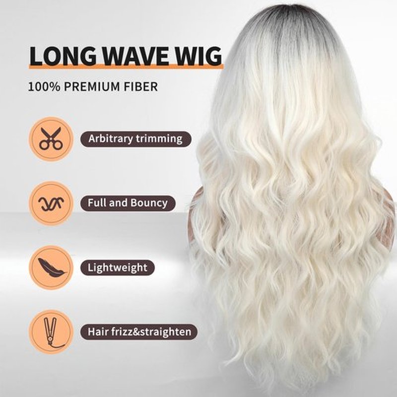 KOME Ombre Platinum White Wigs with Bangs,White Long Wavy Wig for Women,Long Curly Wigs Synthetic Hair Dark Roots Wig for Party Cosplay Daily Use 24IN