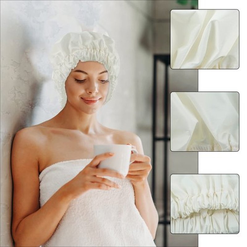 Reusable Shower Cap for Women, Large Waterproof Shower Bonnet Washable Elastic Band Bath Hair Hat for Long Hair, Braids(White)