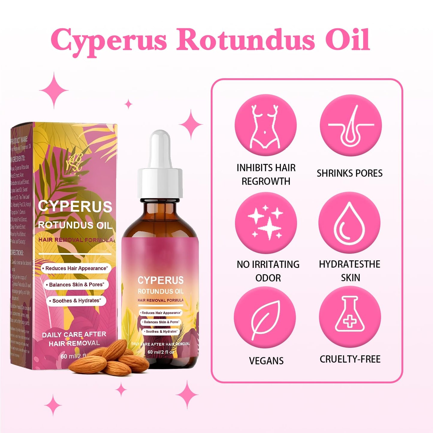 Cyperus Rotundus Oil for hair removal,100% Pure Natural Essential Oil for Skin Care & Hair remove, Supports Reduction of Hair Growth, 2 fl oz