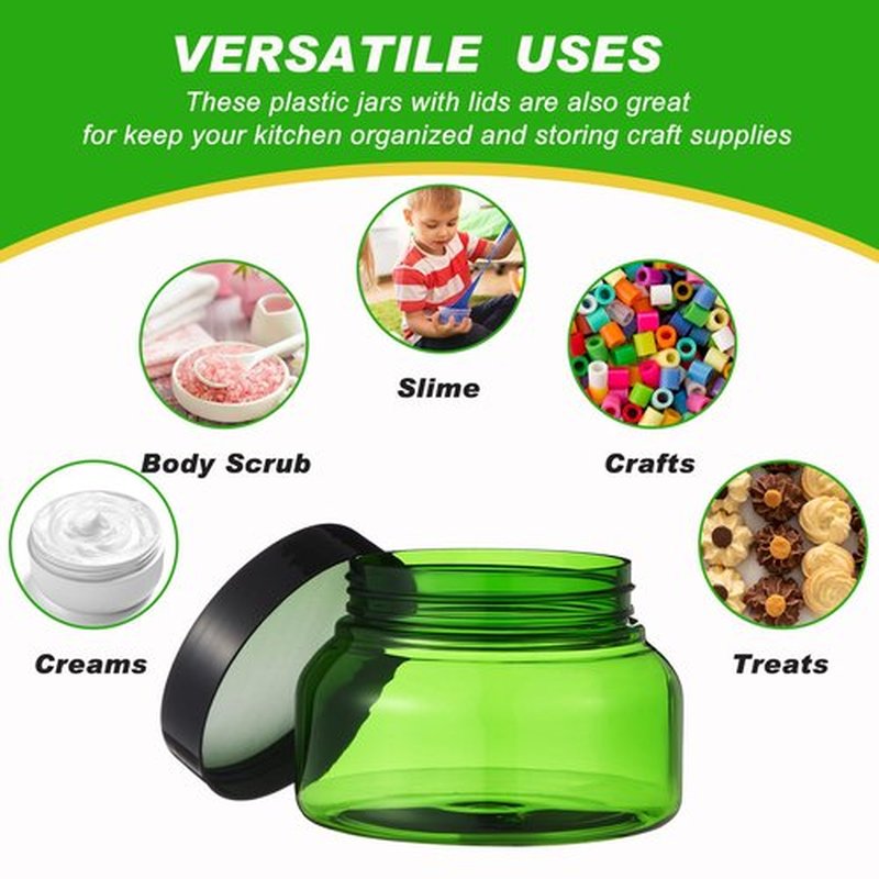 Tessco 24 Pack Plastic Jars with Lids Labels Plastic Containers Round Refillable Cosmetic Containers Empty Body Butter Jars Sugar Scrub Containers for Cosmetics (Translucent Green and Black,8 oz)