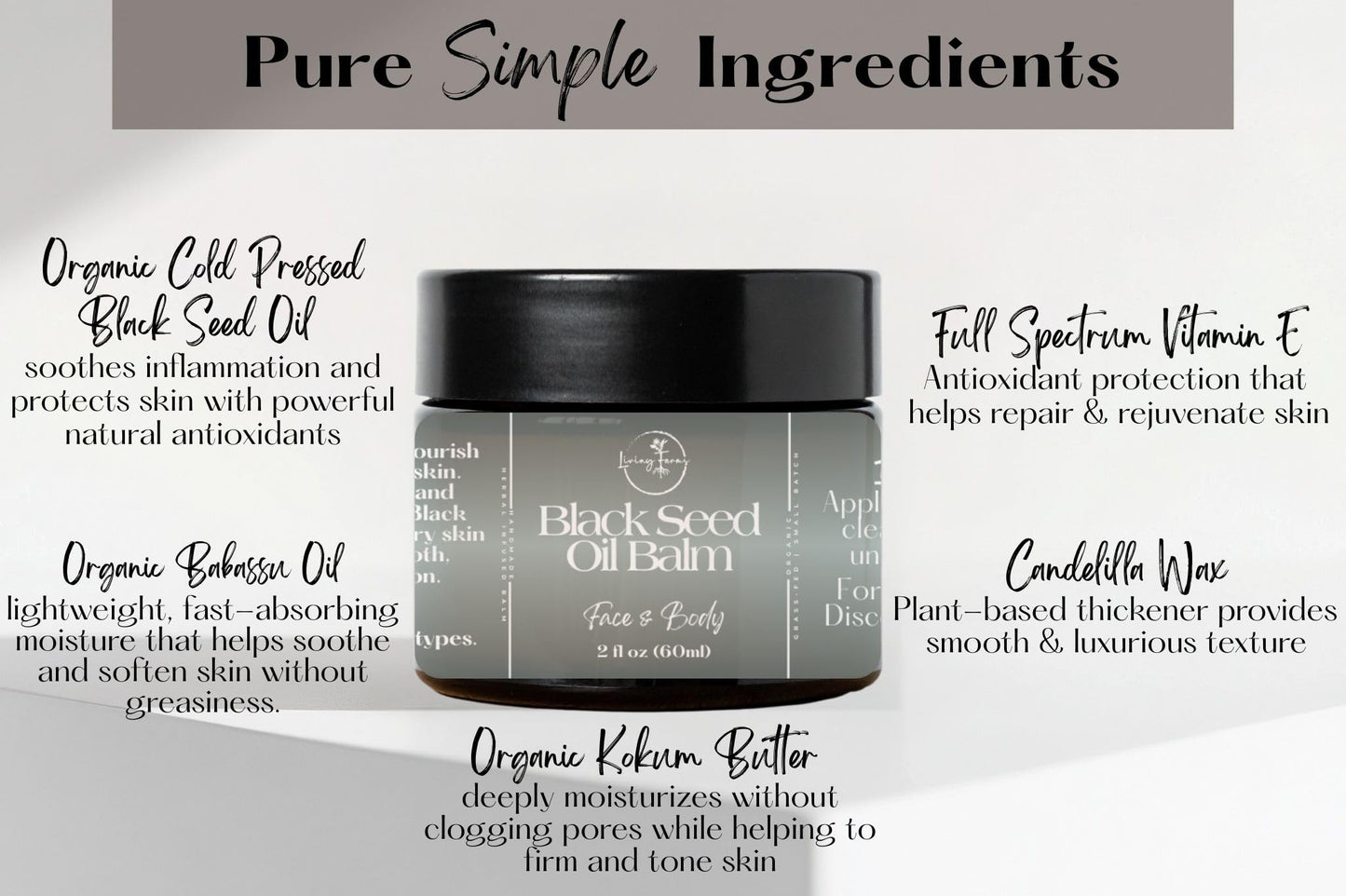 Living Farms Black Seed Oil Balm - Nigella Sativa | 2oz | Vegan Skin Repair Ointment for Dry, Irritated Skin | Handmade In The USA | Non-GMO, Chemical-Free