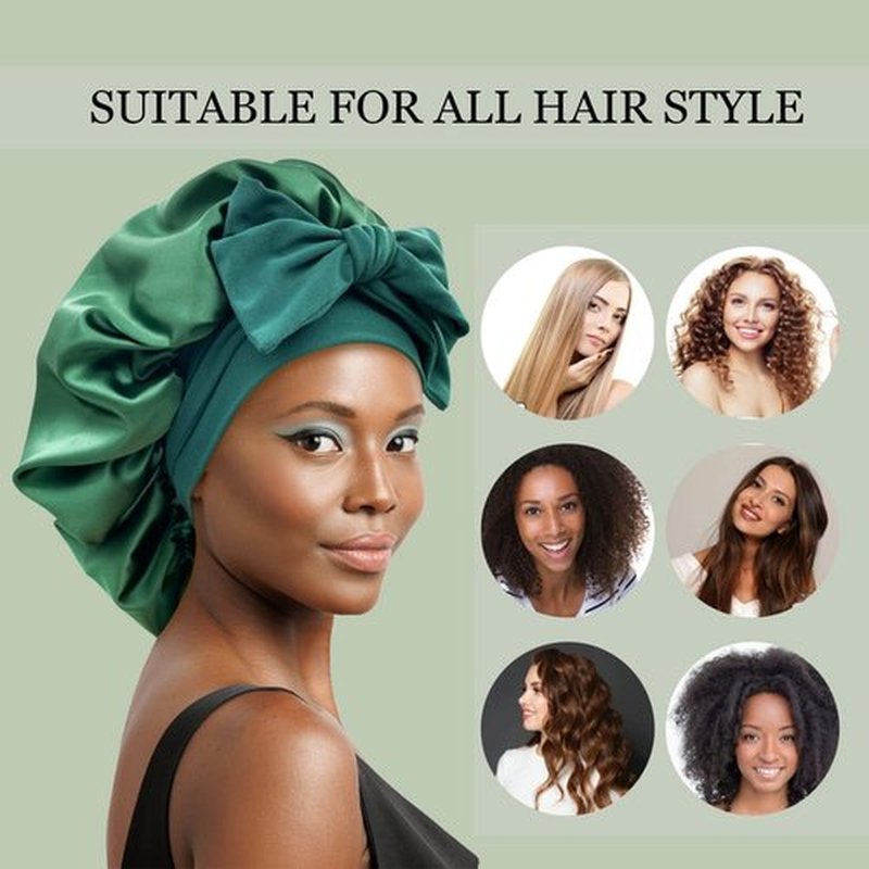 Satin Bonnet Silk Bonnet Hair Bonnet for Sleeping Large Bonnets with Tie Band Hair Wrap with Adjustable Straps Hair Cap Night Sleep Caps for Women Curly Braid Hair(Black,Hunter Green)