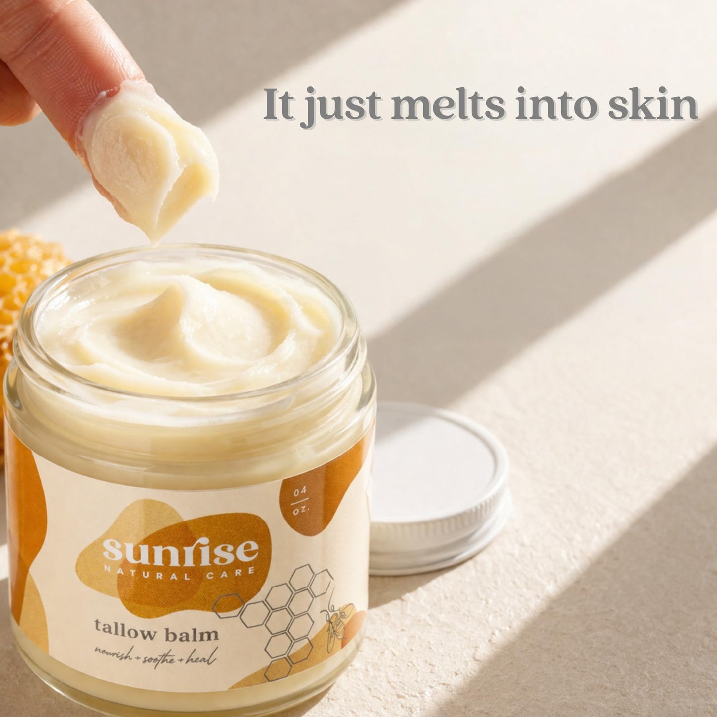 Sunrise Natural Care Unwhipped Honey and Tallow Balm - Body and Face Moisturizer - 100% Grass Fed Beef Tallow - 4 ounces - Lavender + Vanilla