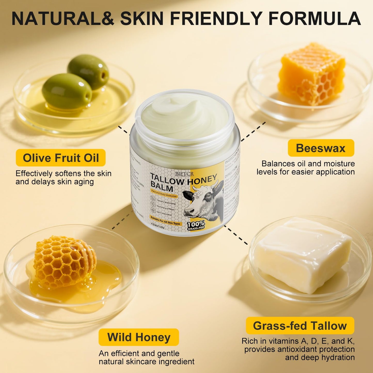 Organic Grass-Fed Beef Tallow for Skin, Body, Tallow Face Moisturizer