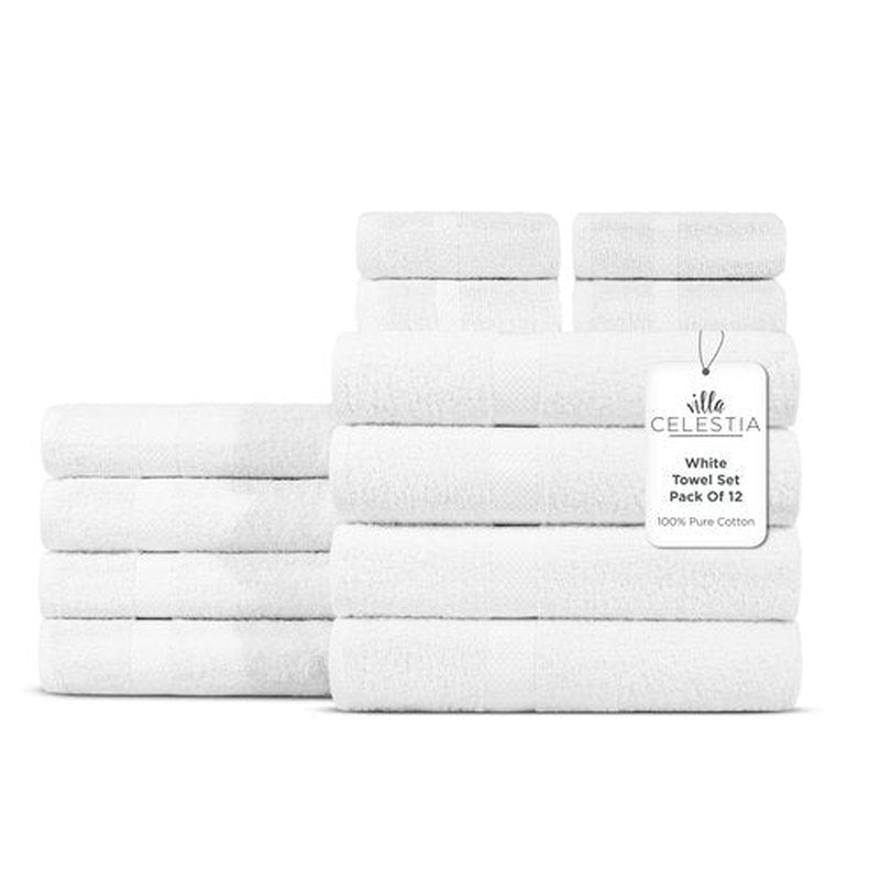 Villa Celestia 100% Cotton Bath Towel Set of 12-4 Bath Towels, 4 Hand Towels, 4 Wash Cloths, Sustainable, Soft, Highly Absorbent, Combed Cotton 12 Piece Set for Hotels, Spa, Bathroom, Dorm, White