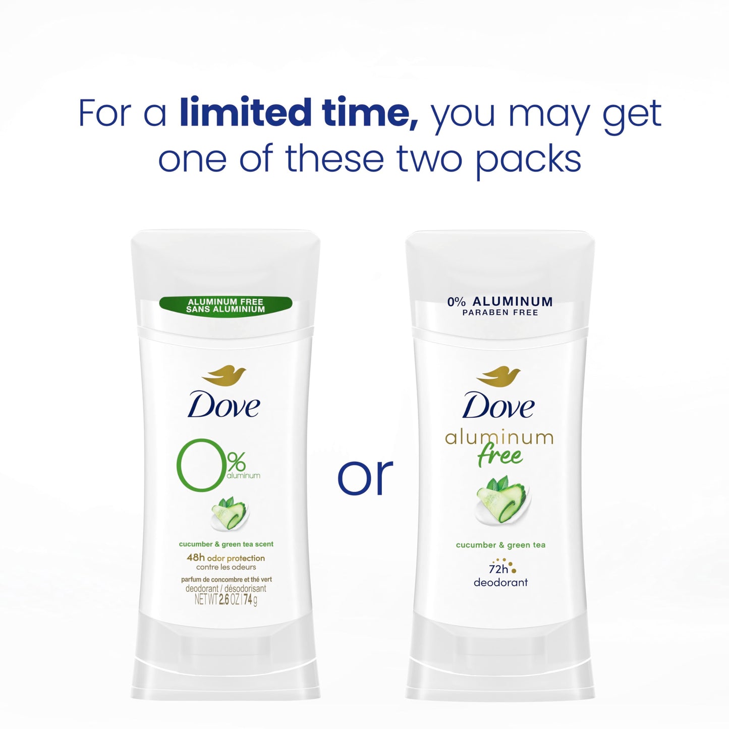 Dove Aluminum Free Deodorant for Women Cucumber and Green Tea 72 hour odor protection 2.6 oz