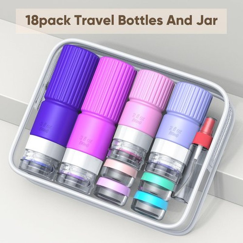 18 Pack Travel Bottles for Toiletries,TSA Approved Silicone Travel Bottle Set Containers jar for Toiletries, Leak Proof Refillable Liqus Shampoo and Conditioner Travel Essentials Toiletry