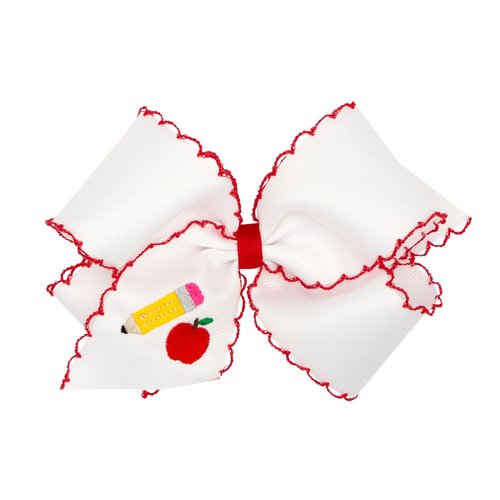 Wee Ones Girls Grosgrain Hair Bow with Red Moonstitch Edge and Pencil Embroidery on a WeeStay Clip with Plain Wrap, King, Pencil Red