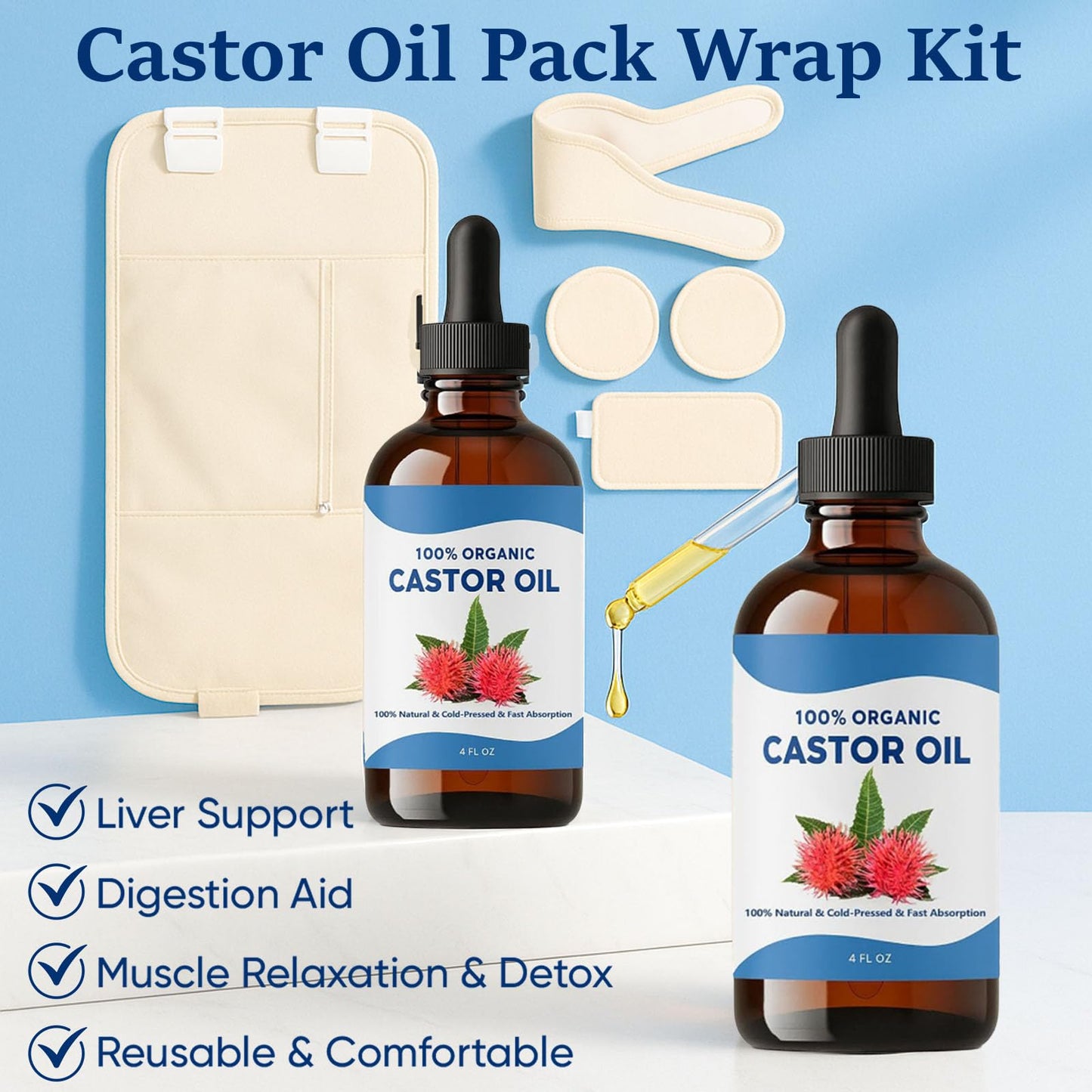 Tavio Castor Oil Pack, Organic Cotton Castor Oil Pack Wrap Kit, Wellness Packs for Liver Support, Digestion Aid, Muscle Relaxation & Detox, Reusable & Comfortable