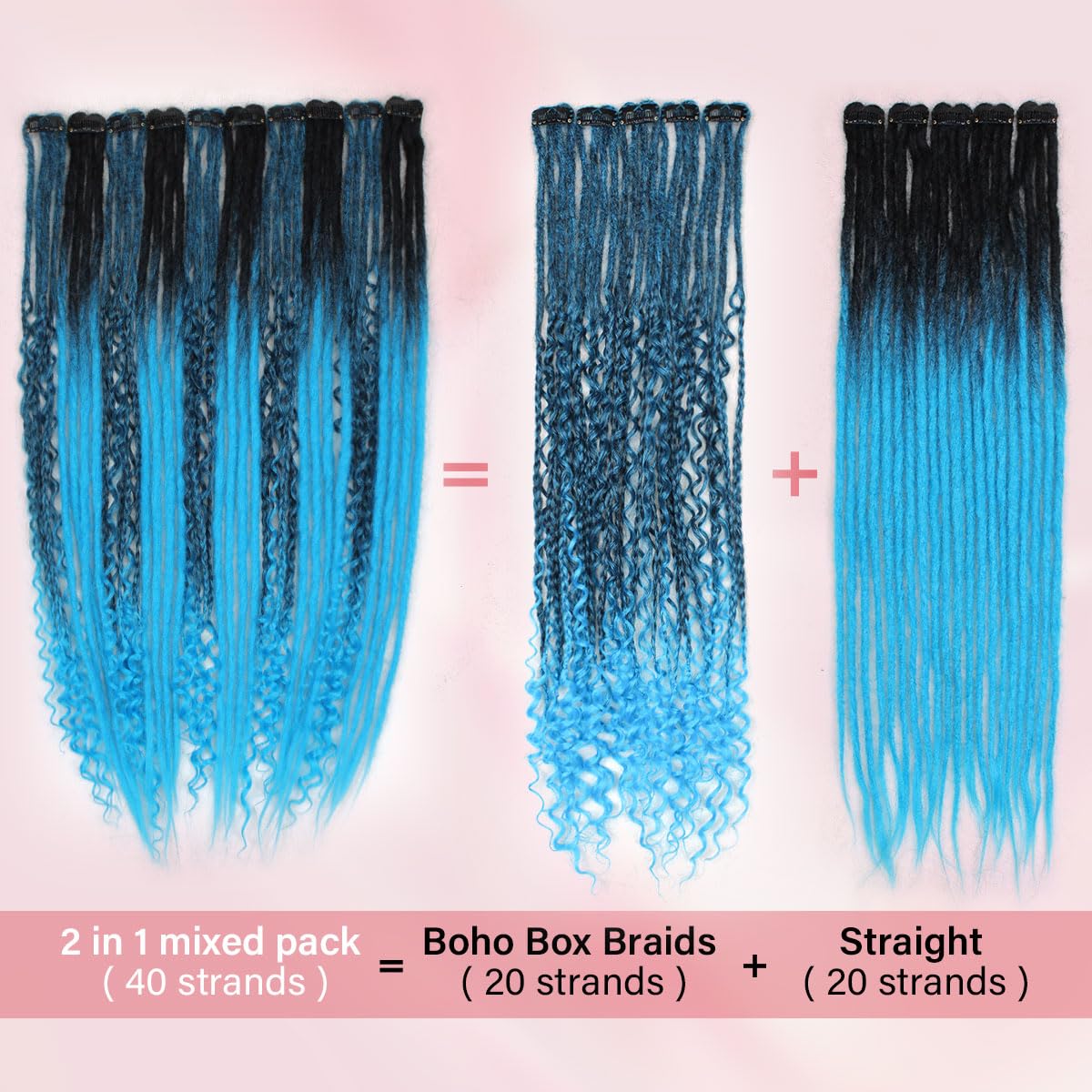 24 Inch Clip in Dreadlock Hair Extensions 10Clips 40 Strands Mixed Synthetic Dreads Extensions for Women,Handmade Soft Straight Boho Wavy Dreads,1B/Blue