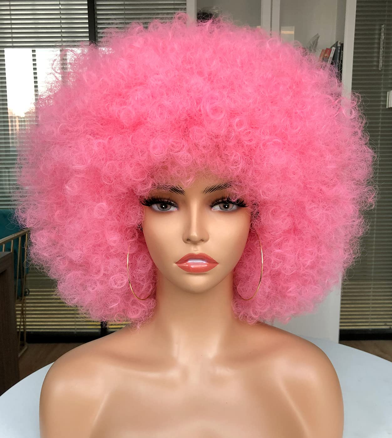 CURLCRAZY 70s Afro Wig with Bangs Short Afro Kinky Curly Wig for Black Women Large Bouncy and Soft Natural Looking Halloween Party Christmas Cosplay Wigs (Pink)
