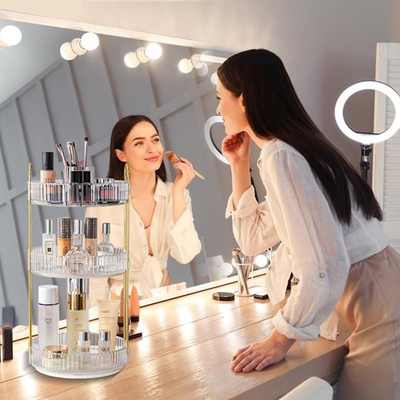 360° Rotating Makeup Organizer, Large-Capacity Skincare Make Up Storage 3 Tier Perfume Organizers Cosmetic Dresser Organizer with Makeup Brush Holder, Fits Bedroom, Bathroom, Vanity Shelf Countertop