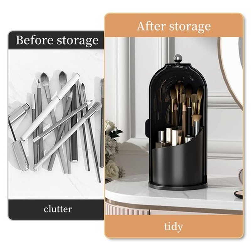 Zufudo Makeup Brush Holder Organizer with Lid 360° Rotating Makeup Organizer Countertop Dustproof Cosmetics Organizer for Vanity Bathroom, Dark Black
