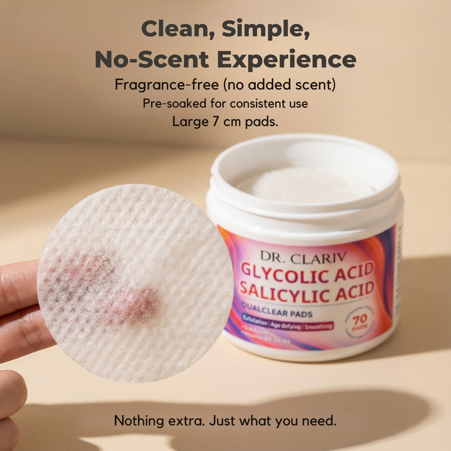 Glycolic Acid Pads with AHA BHA – Exfoliating for Face, 3% Glycolic & 0.5% Salicylic Acid, 7 cm Size, Supports Smooth Texture & Clear-Looking Pores, 70 Count