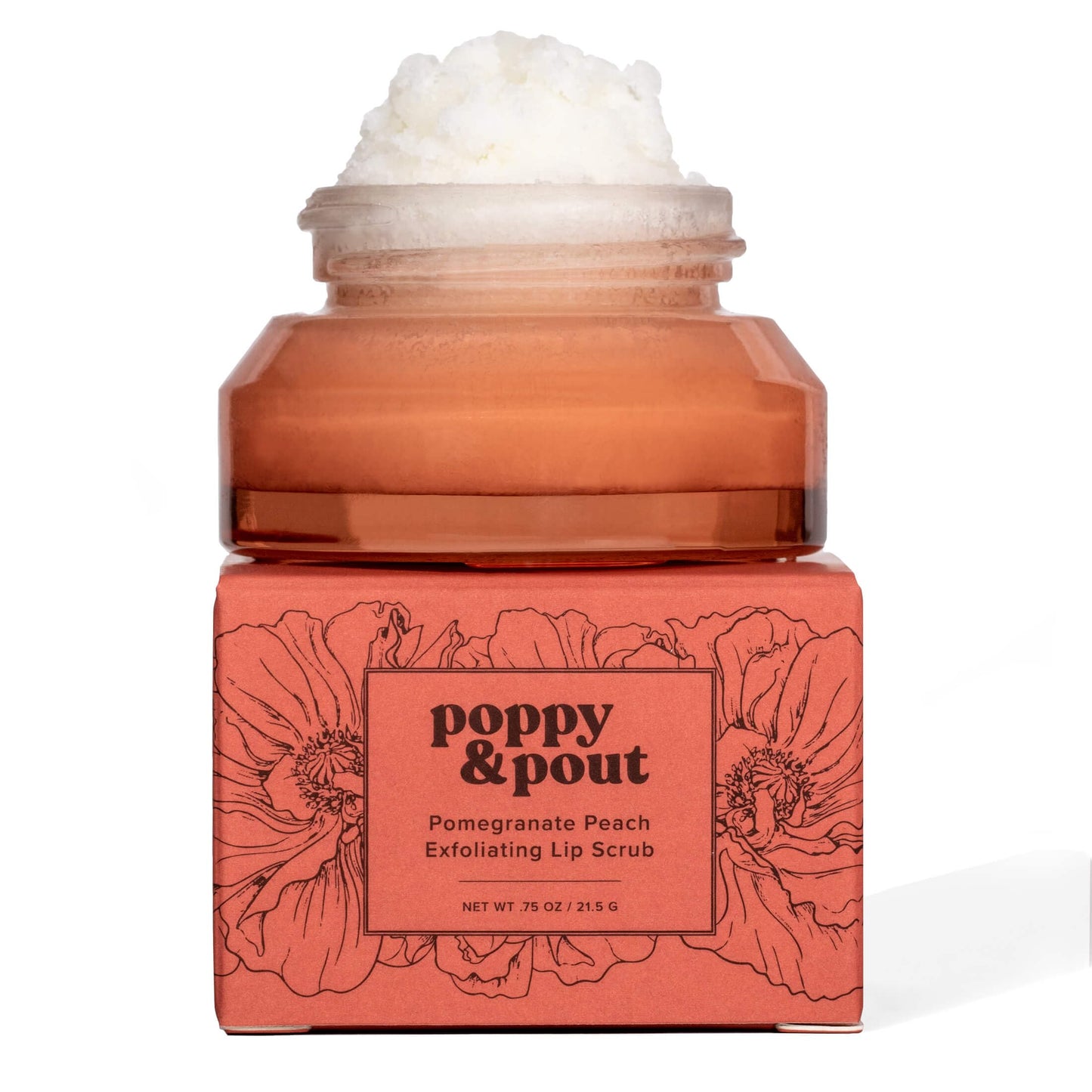 Poppy & Pout Natural Lip Scrub, Moisturizing Sugar Scrub for Dry Lips, Lip Scrubber Exfoliator with Essential Oils Smooths and Hydrates Lips, In Recyclable Glass Jars, Cruelty Free - Pomegranate Peach