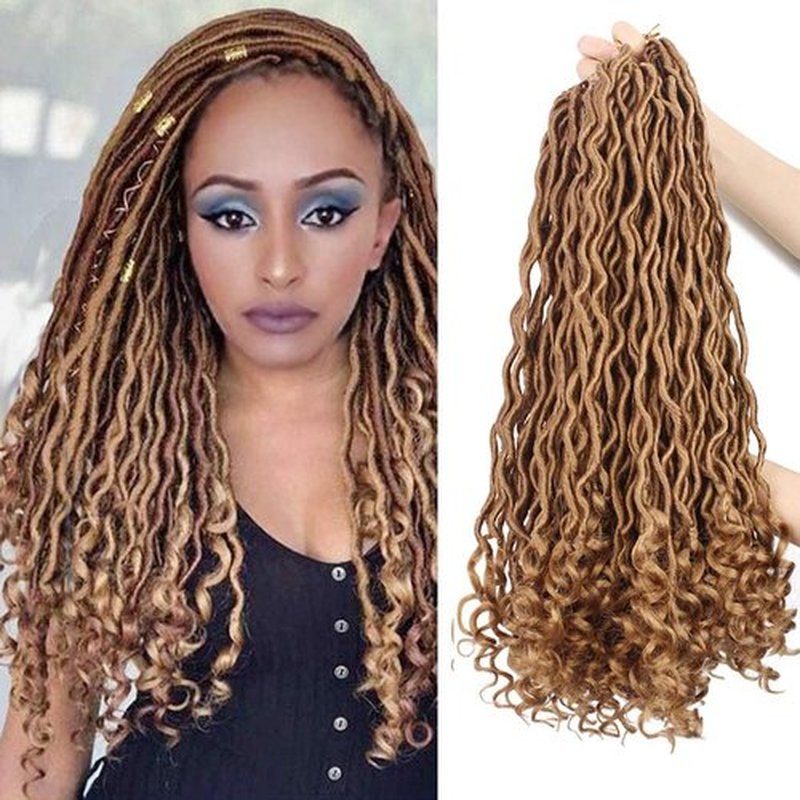 6 Packs Goddess Locs Crochet Hair Wavy Curly #27 14 Inch Faux Locs Crochet Braids Synthetic Hair Extensions Brown Goddess Crochet Locs Low Temperature Braiding Hair (14" (6 Packs), #27)