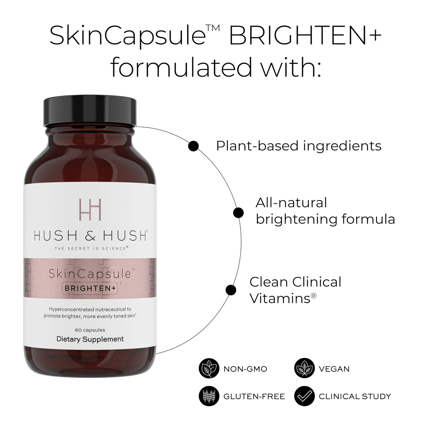 Hush & Hush Brighten+ Vitamin C Supplement for Even Skin Tone, with Saberry, Lutemax, Antioxidants & Botanical Extracts, Supports Radiant Looking Skin, Vegan Non-GMO, 60 Capsules