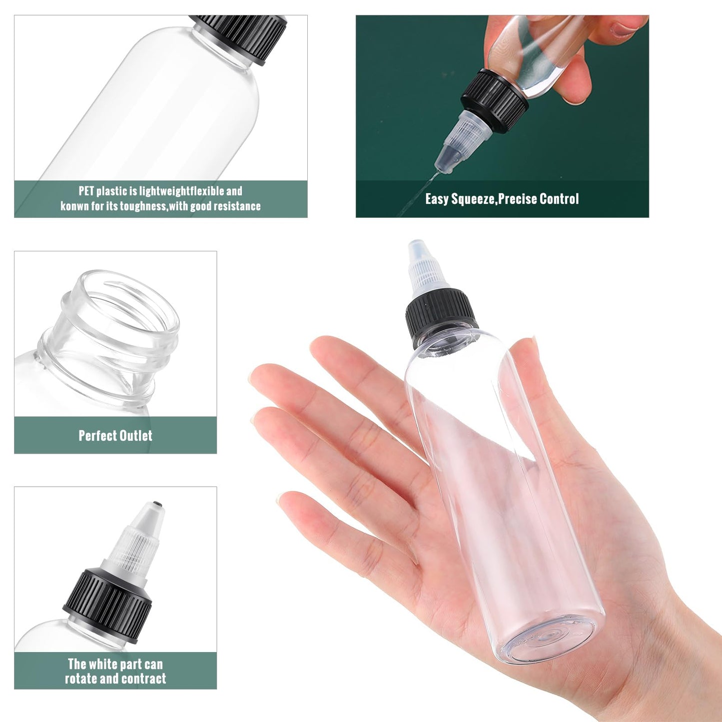 Irenare 100 Pcs 4 oz Plastic Squeeze Bottles Bulk Hair Oil Applicator Bottles Boston Empty Squeeze Condiment Bottle with Twist Top Cap Leak Proof for Liquids Oils Art Crafts Household Kitchen (Clear)