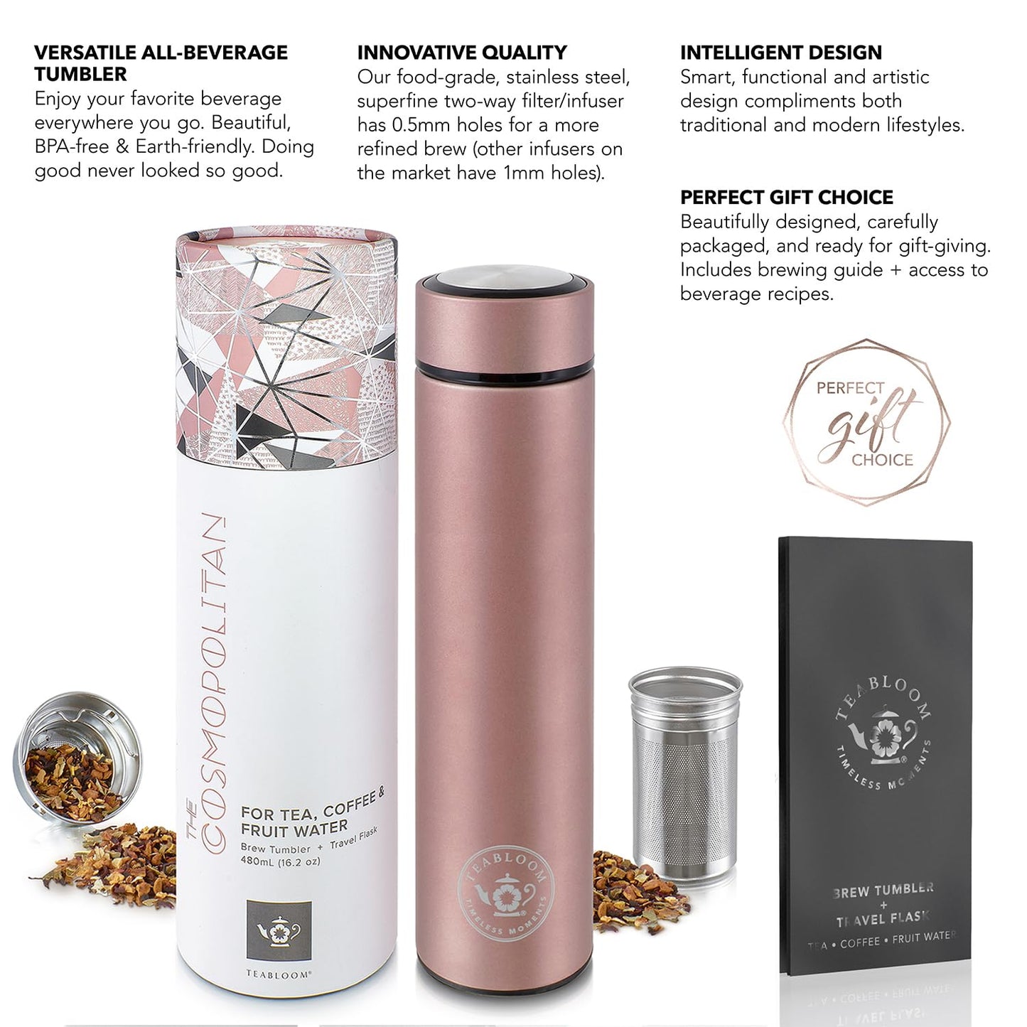 Teabloom - The ORIGINAL All-Brew Travel Tumbler & Thermos | OPRAH’s Favorite | 16oz/480ml Stainless Steel Insulated Water Bottle/Tea Flask/Cold Brew Coffee Mug