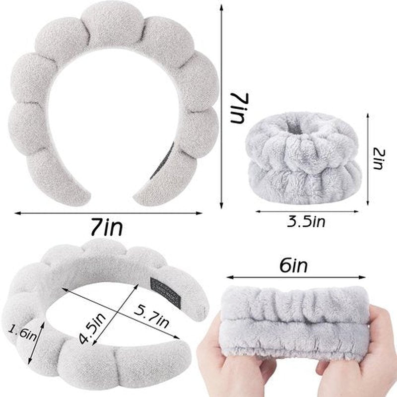 Zkptops Spa Headband for Washing Face Wristband Set Sponge Makeup Skincare Terry Cloth Headband Bubble Soft Get Ready Hairband for Women Girl Puffy Padded Headwear Non Slip Hair Accessory(Light Grey2)