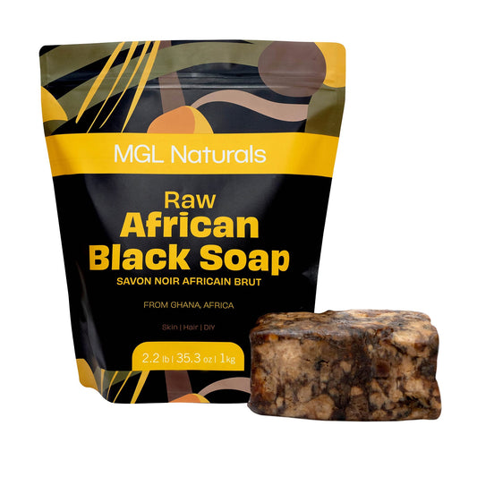 MGL Naturals Raw African Black Soap 2.2 lb from Ghana, Africa | Vegan & Organic | Face and body deep cleanse wash. (2.2 lb | 1 kg | 36 oz)