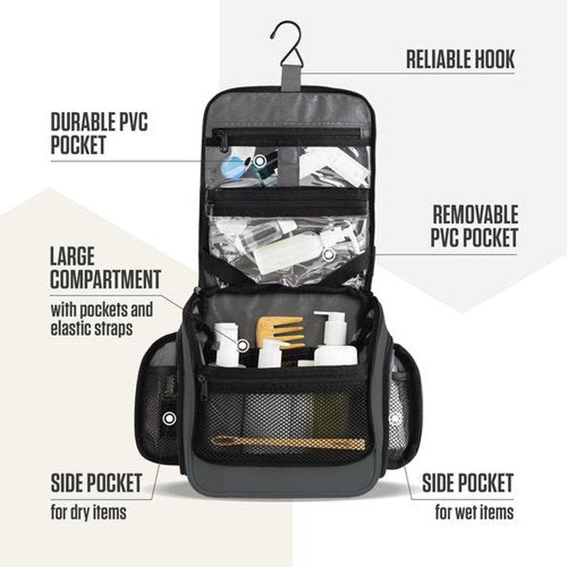 VENTURE 4TH Hanging Travel Toiletry Bag for Women & Men - Travel Organizer with Expandable Compartments & Removable Clear Pouch for Toiletries (Shadow Gray)