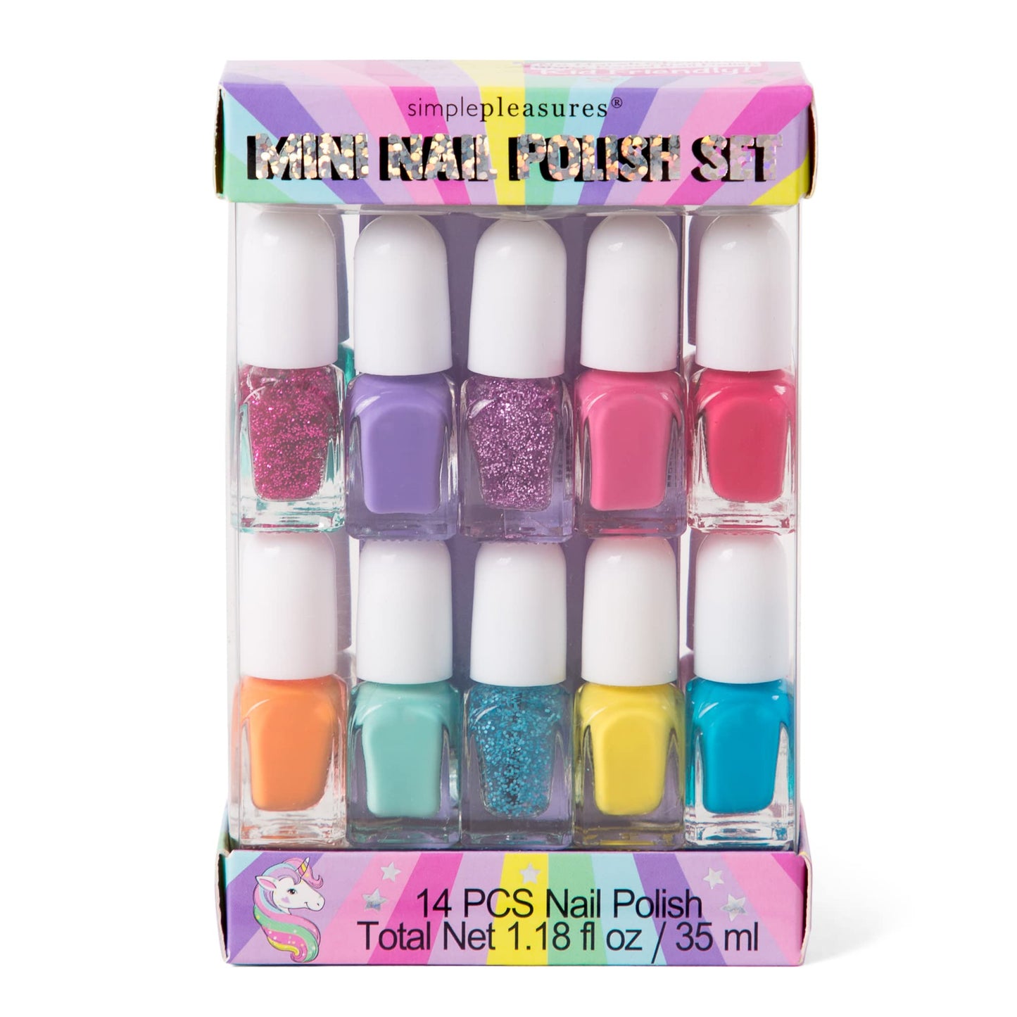 SIMPLE PLEASURES Rainbow Glitter Kids Nail Polish Set for Girls – 14 Water-Based Non -Toxic Nail Art Kit - Gift Set for Ages 7-12