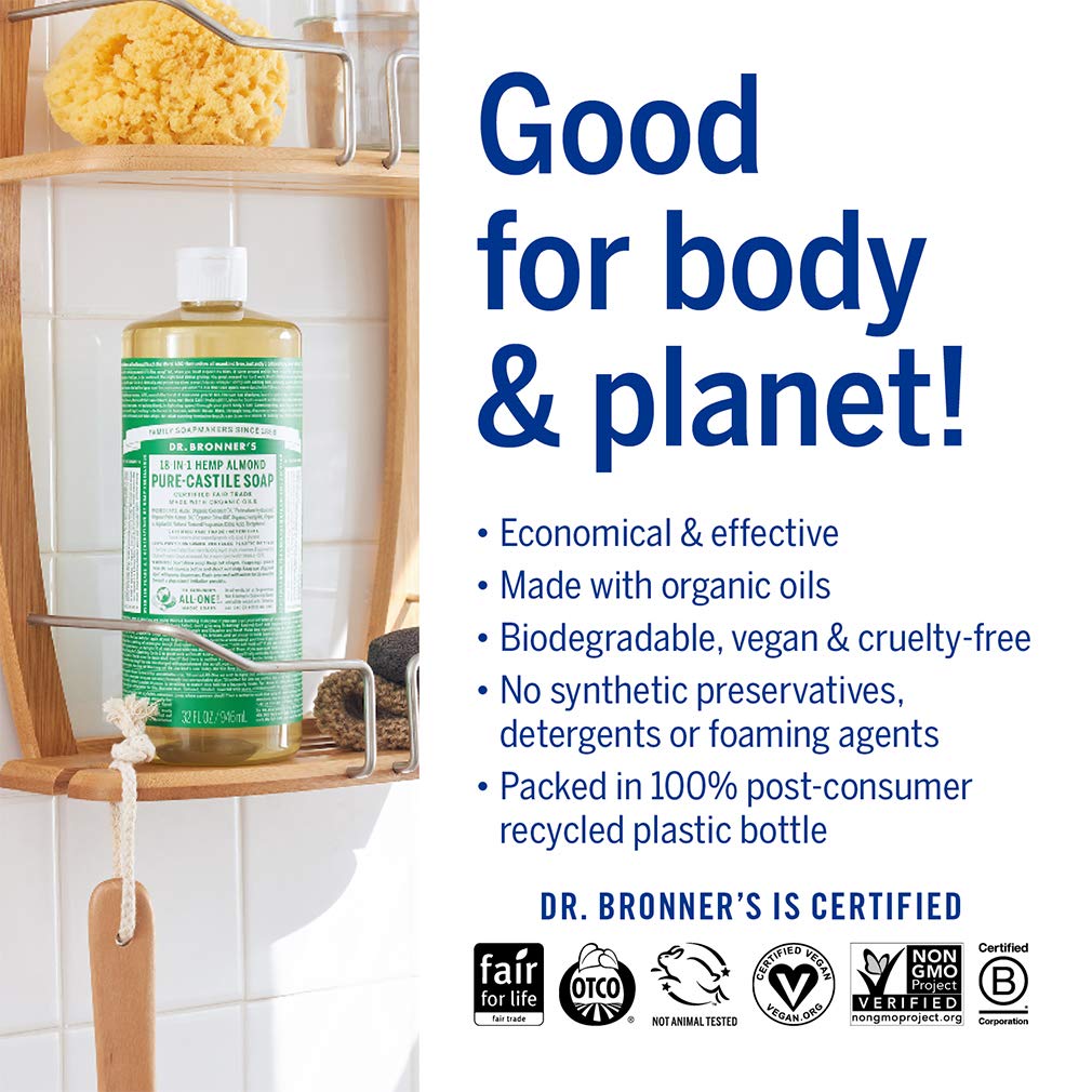 Dr. Bronner's - Pure-Castile Liquid Soap Variety Pack - Almond, Lavender, Baby Unscented, & Peppermint, Made w/Organic Oils, 18-in-1 Uses: Face, Body, Hair, Laundry, Pets, Dishes, Etc. (16oz, 4-Pack)