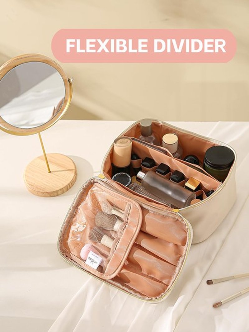 KITENROM Extral Large Makeup Bag Portable Cosmetic Bags for Women Zipper Pouch for Purse Make Up Case with Detachable Divider Toiletry Organization Waterproof Pink