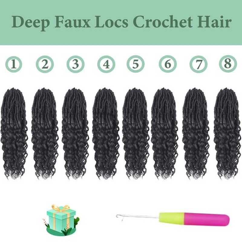 Crochet Hair for Women 12 Inch 8 Packs Deep Faux Locs Crochet Hair Goddess Locs Crochet Hair Soft Locs Pre Looped with Curly Ends Deep Wave Crochet Braids Locs Crochet Hair(Natural Black)
