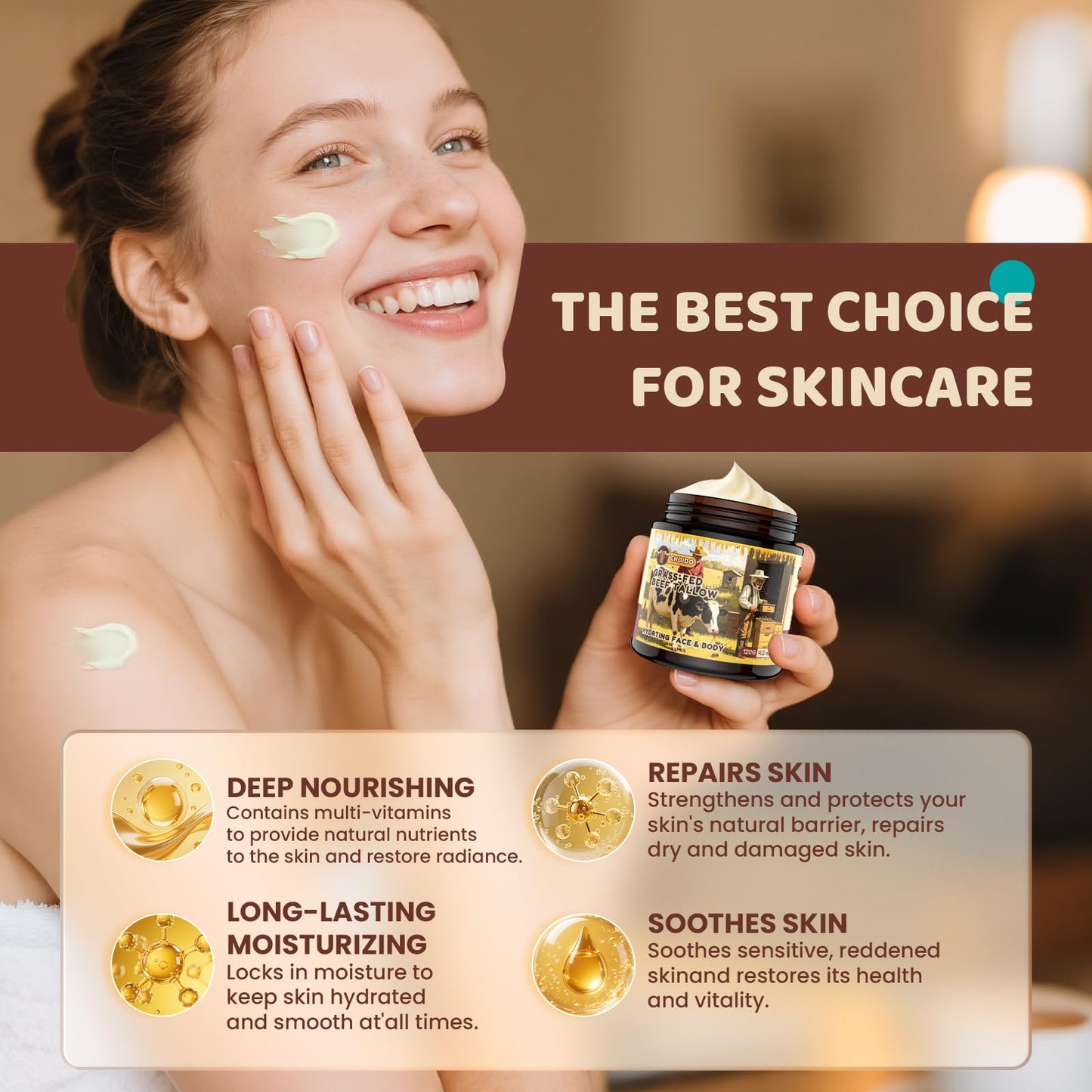 Choido Tallow and Honey Balm, Beef Tallow for Skin, Whipped Organic Grass-Fed Beef Tallow, Natural Whipped Face Moisturizer & Body Butter for Dry & Sensitive Skin