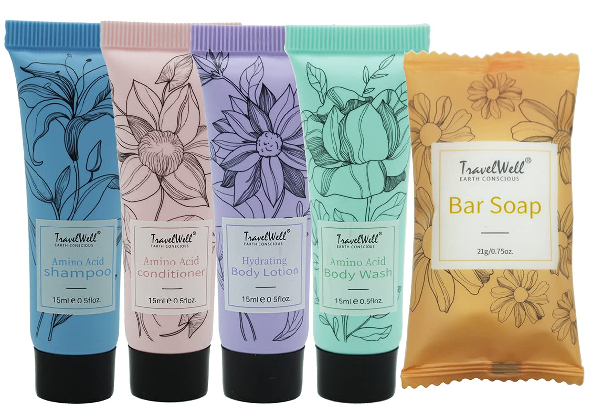 Travel Well Flower Series Mini Hotel Toiletries - Individually Wrapped Guest Bathroom Amenities in Bulk - Shampoo & Conditioner Minis Bulk - Body Wash & Lotion Sets - 60 Sets, 15 ml & 21 g Bars
