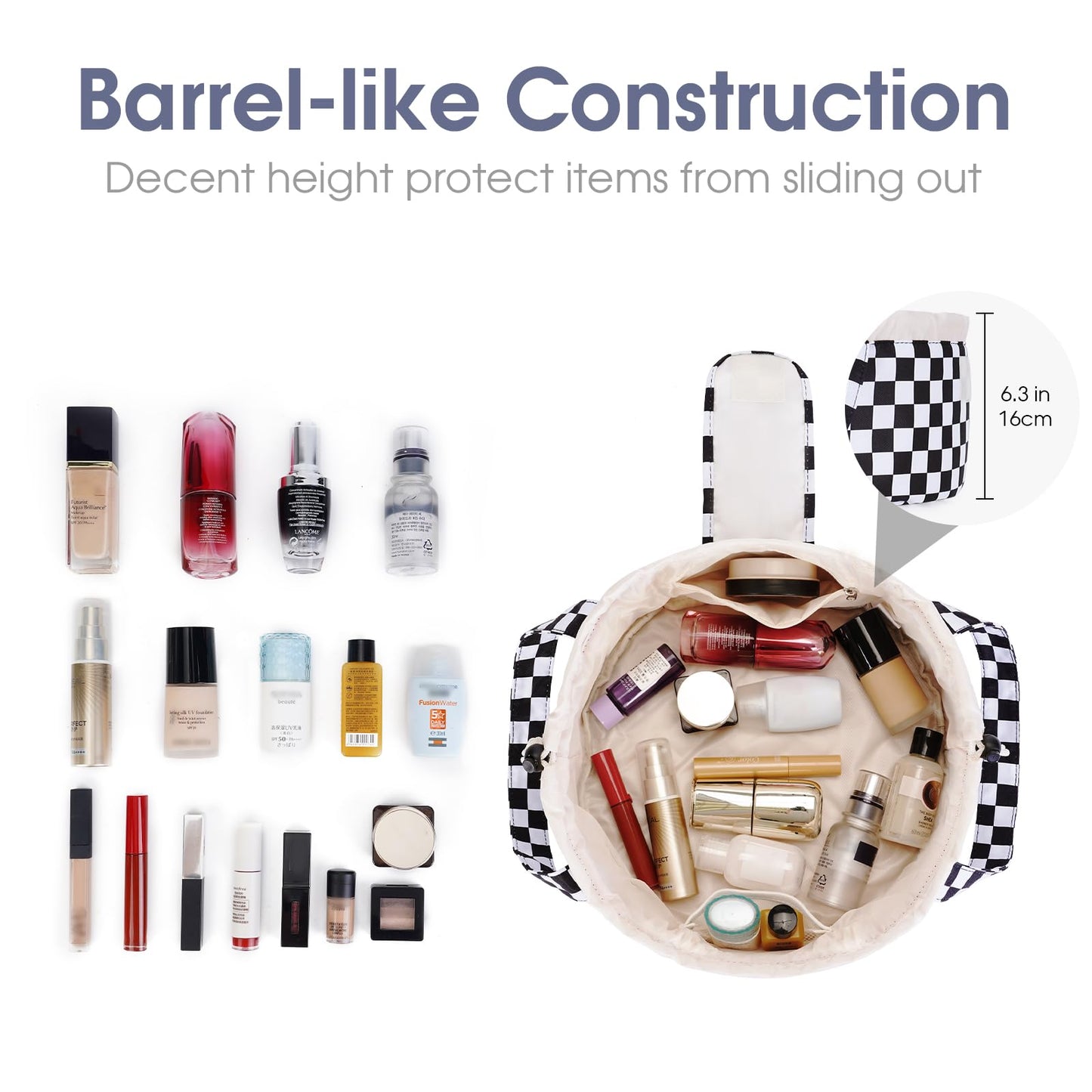 Narwey Barrel Drawstring Checkered Makeup Bag Large Cosmetic Bag Make up Bags Toiletry Bag Travel Bags for Toiletries Organizer for Women Gift for Teen Girls (Black Checkerboard) (Patent)