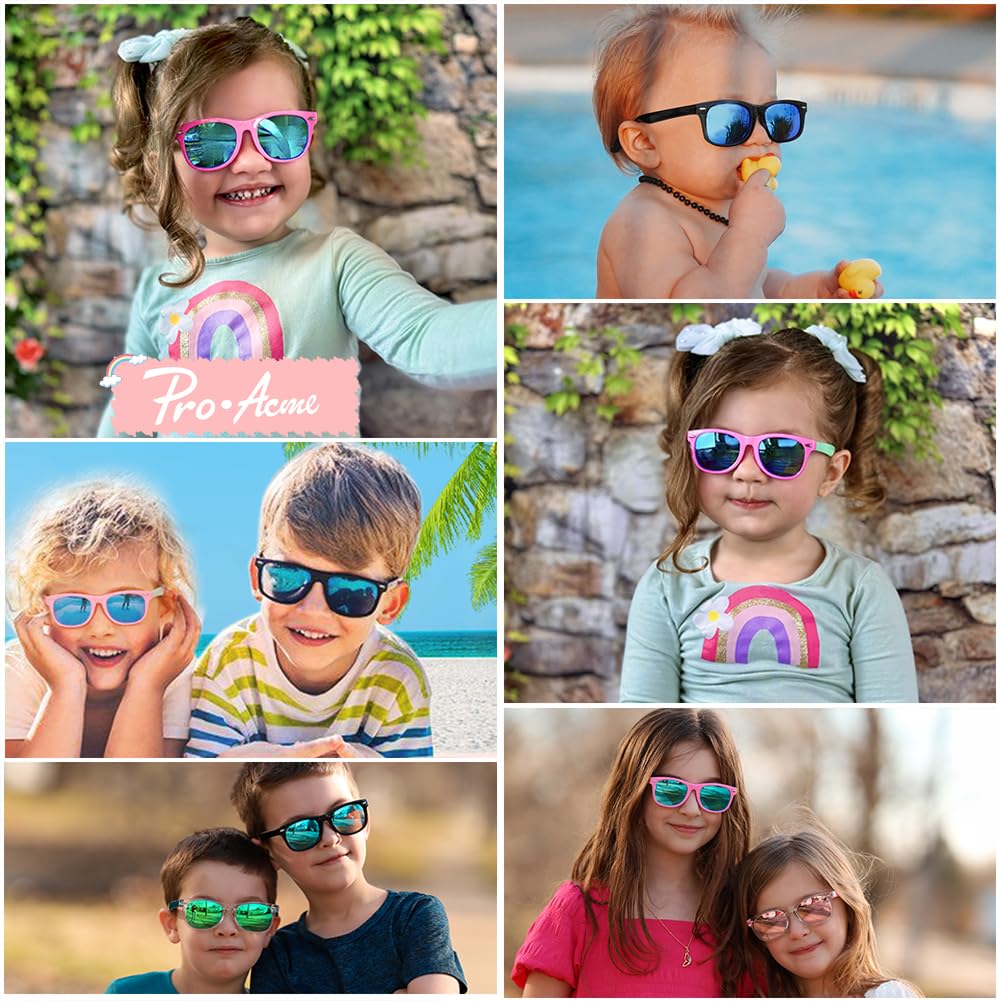 Pro Acme Kids Polarized Sunglasses, Flexible TPEE Frame Shades for Toddler Girls Boys, Ages 3-12（A6 Pink/Green + Pink + Matte Black/Grey）