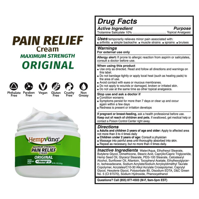 Hempvana Original Relief Cream - Maximum Strength Hemp Cream for Muscle & Joint Pain Relief | 4 oz