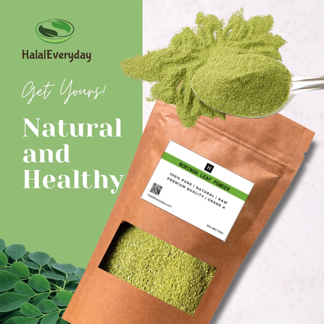 HalalEveryDay Moringa Leaf Powder, 100% Pure Vegan Supplement, Energy Booster, Ingredient for Multi-Vitamin Smoothies, 1lb / 16oz Bag