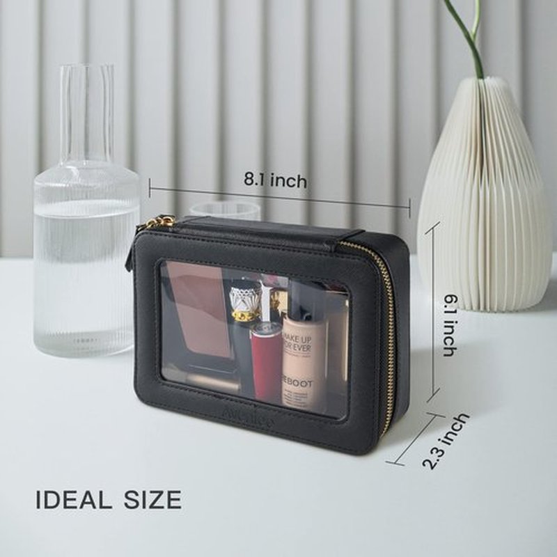 Aveniee Clear Makeup Bag Organizer, Portable Travel Toiletry Cosmetic Bag Case for Women, Heavy Duty Clear Pouch with zipper with Transparent Vinyl Windows & Gold Zippers(Black)