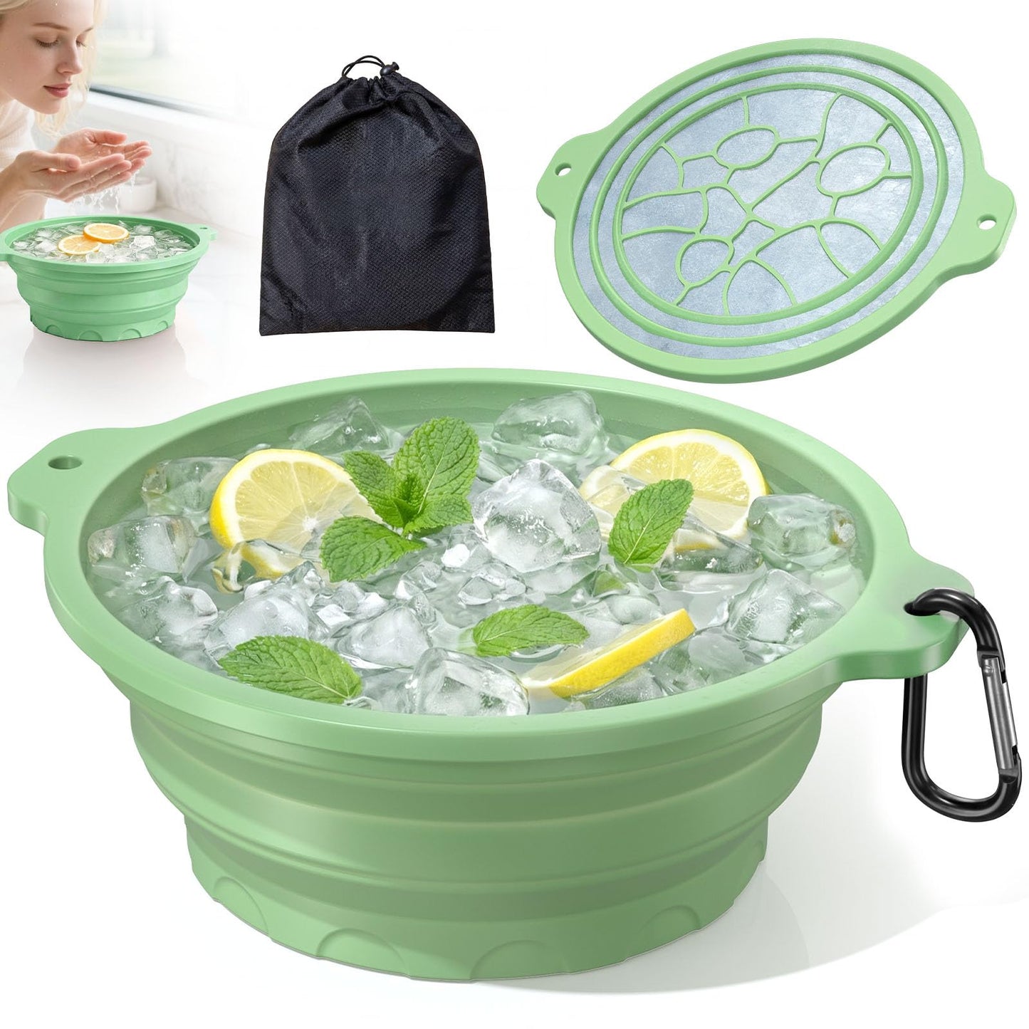 Face Bowl for Ice with Built-in Ice Tray – Collapsible Silicone Facial Ice Bath Bowl for Cold Plunge Therapy, Skin Tightening & Acne Relief – Portable Spa Tool for Home & Travel（Green